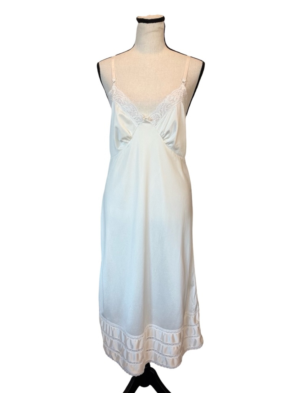 Vintage Ivory Satin Lace Slip Dress Adjustable Straps Midi Nightgown Lingerie